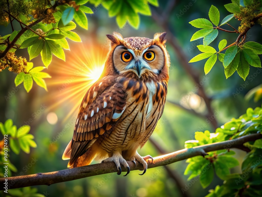 Vibrant owl with bright plumage perched on a gnarled branch, surrounded by lush green leaves, with warm sunlight casting a gentle glow on its feathers. Vibrant owl with bright plumage perched on a gnarled branch, surrounded by lush green leaves, with warm sunlight casting a gentle glow on its feathers.