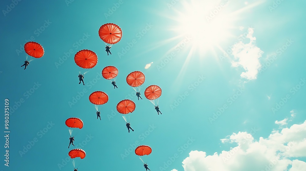 Fototapeta premium blue sky Large group of skydivers flying in formation of flower against