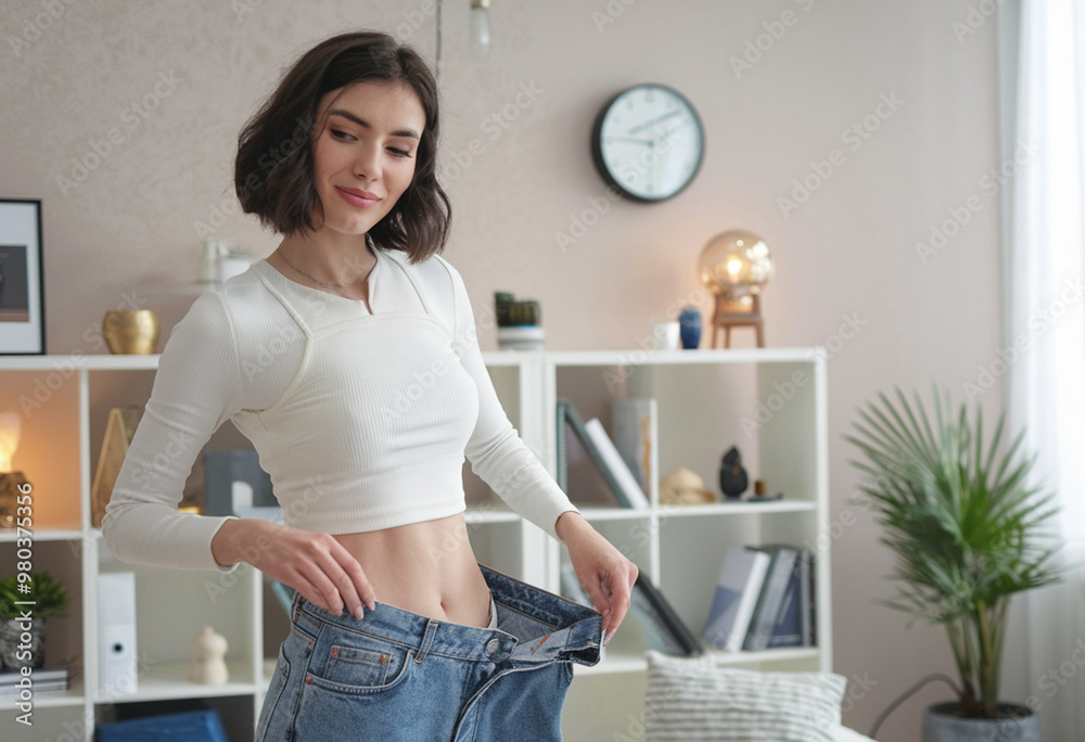 Smiling woman proudly showing her weight loss journey by presenting a pair of big jeans, reflecting her hard work and dedication to fitness. Smiling woman proudly showing her weight loss journey by presenting a pair of big jeans, reflecting her hard work and dedication to fitness.