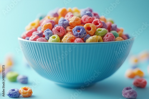 Colorful fruit loop cereal in a blue bowl on a blue background. 