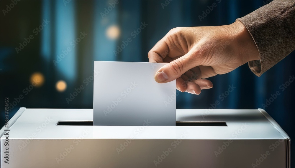 A hand places a ballot into a voting box, symbolizing the strength of democracy and highlighting the significance of civic responsibility during election time.