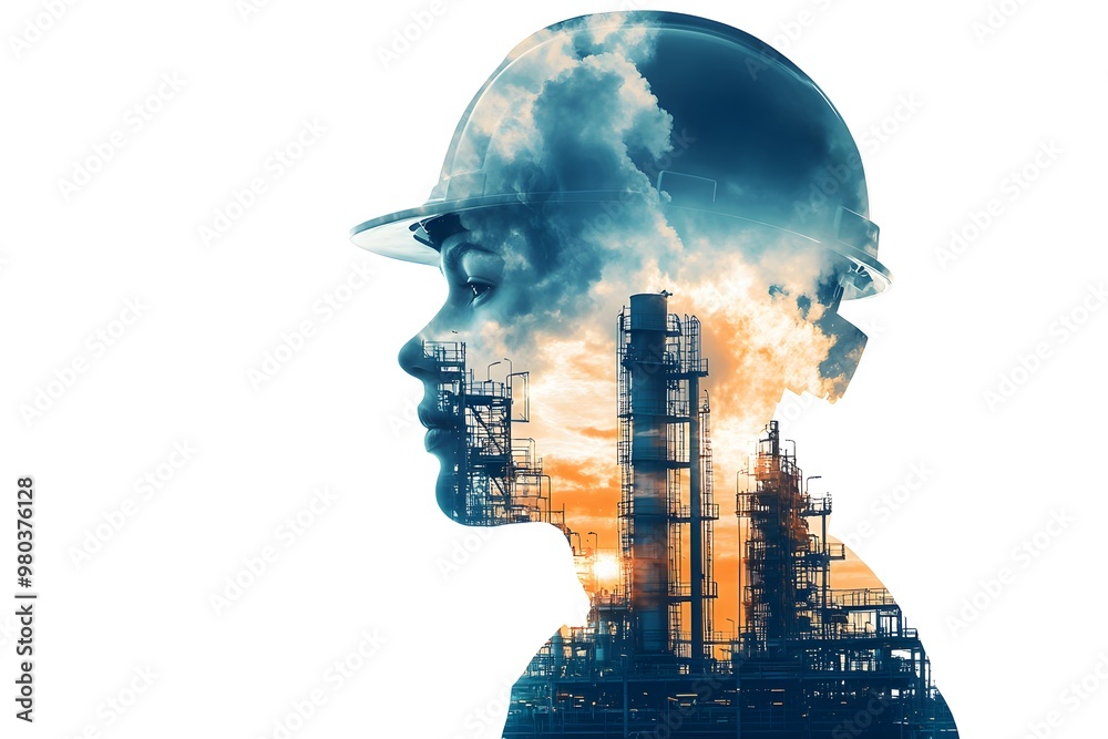 A woman's face is shown in a painting of a factory A woman's face is shown in a painting of a factory