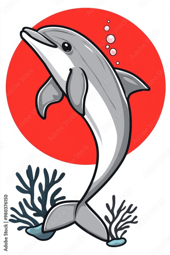 Obraz premium Cartoon Dolphin Jumping Out of Water with Red Sun Background
