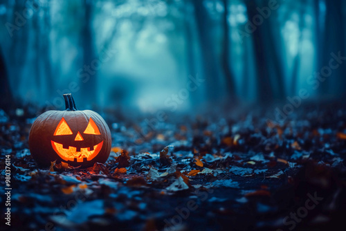 halloween pumpkin lies on the road to the park