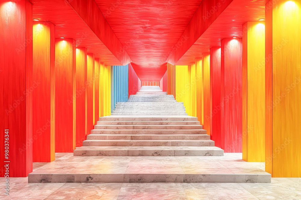 Stairway leading upwards surrounded by colorful walls