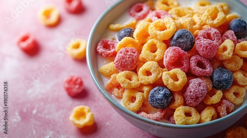 Bowl of cereal with milk, clean white background