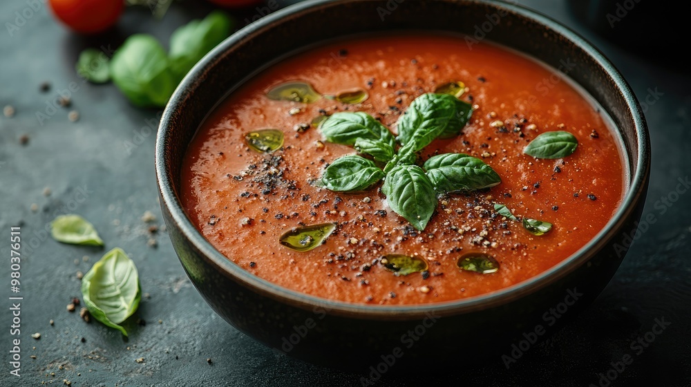 Bowl of tomato soup with basil, simple light background Bowl of tomato soup with basil, simple light background
