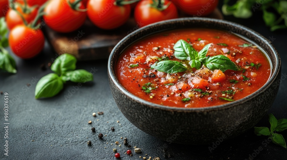 Bowl of tomato soup with basil, simple light background Bowl of tomato soup with basil, simple light background