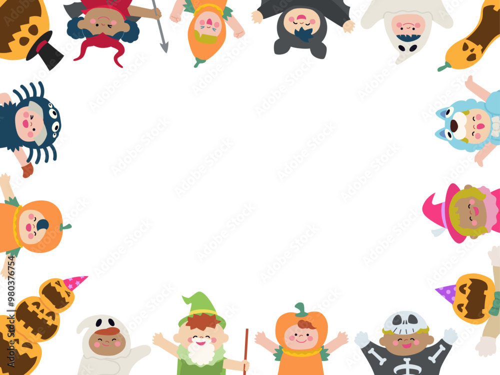 ハロウィンの仮装をした子供達とジャックランタンのフレーム