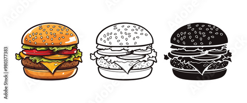 Burger vector illustration, outline, silhouette on white background