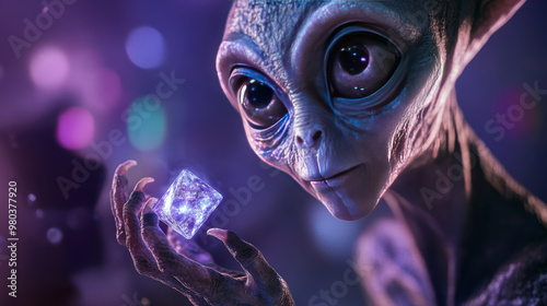 Alien face without a mouth transmitting knowledge telepathically. Sci-fi alien with large eyes holding a crystal-growing cube in its hand with long fingers. Realistic portrait of a wise alien displayi photo