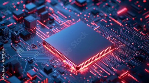 CPU: an abstract digital chip representing a computer processor with electronic components on a motherboard or circuit board. Highlights the technology behind developing electronic devices using.