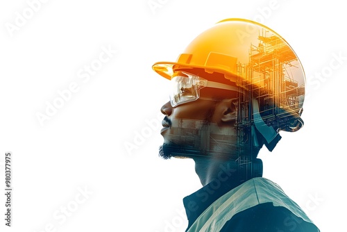 A man wearing a hard hat and safety glasses is looking up at a building