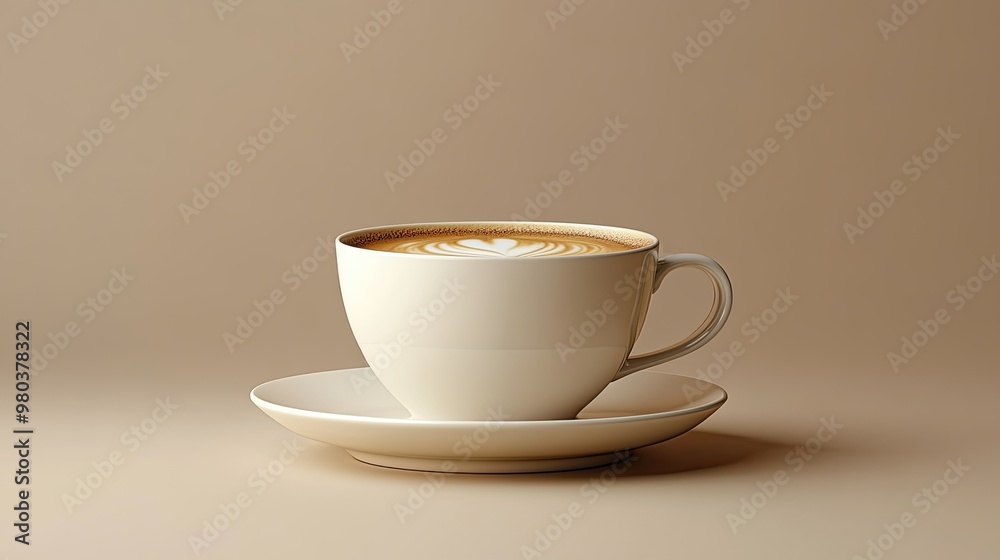 Minimal coffee cup with saucer, plain beige background Minimal coffee cup with saucer, plain beige background