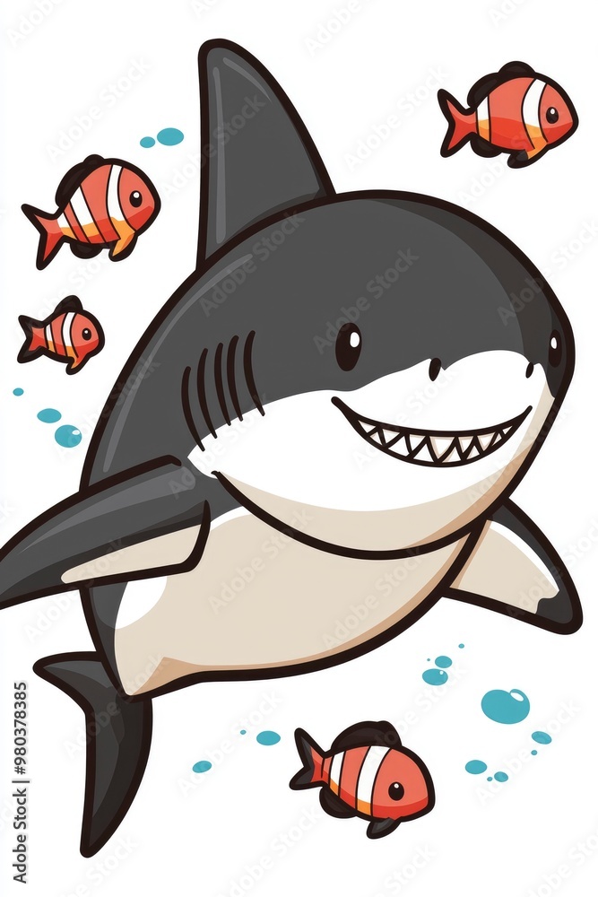 Fototapeta premium Cartoon Shark Swimming with Fish
