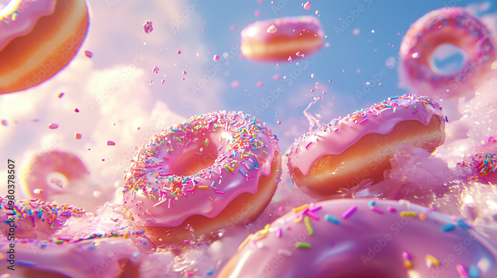 A close-up of a colorful donut with pink icing and sprinkles, isolated on a white background, showcasing a delicious sweet pastry A close-up of a colorful donut with pink icing and sprinkles, isolated on a white background, showcasing a delicious sweet pastry