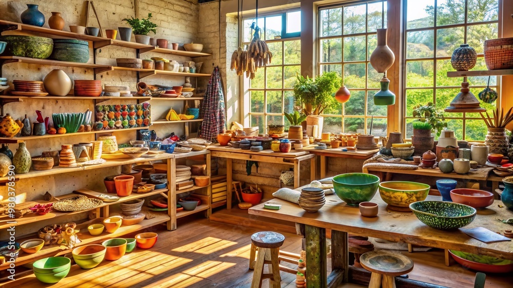 Fototapeta premium Vibrant textiles and colorful pottery fill a cluttered workshop, with half-finished projects and artisanal tools scattered about, surrounded by warm natural light and earthy tones.