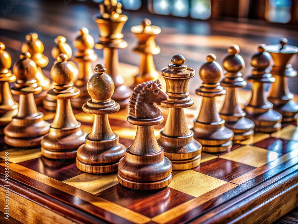 Strategically arranged chess pieces occupy a beautifully crafted wooden chessboard, awaiting the next move in a game of skill and intellectual combat. Strategically arranged chess pieces occupy a beautifully crafted wooden chessboard, awaiting the next move in a game of skill and intellectual combat.