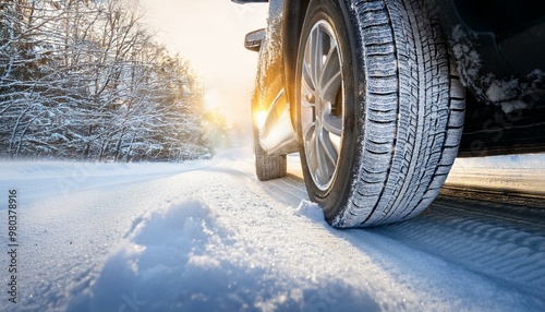 Winter tire with detail of car tires in winter snowy season on the road covered with snow and morning sun light photo