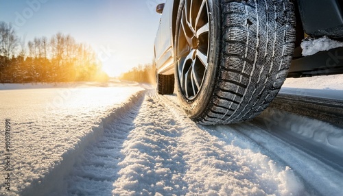 Winter tire with detail of car tires in winter snowy season on the road covered with snow and morning sun light