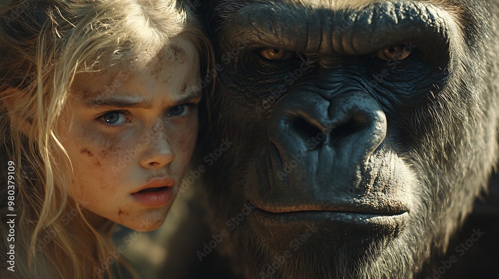 A young woman with dirt on her face looks directly at the camera with a large gorilla behind her. A young woman with dirt on her face looks directly at the camera with a large gorilla behind her.