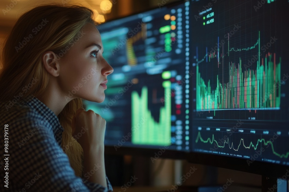 Woman Analyzing Financial Data on Computer Screens Woman Analyzing Financial Data on Computer Screens