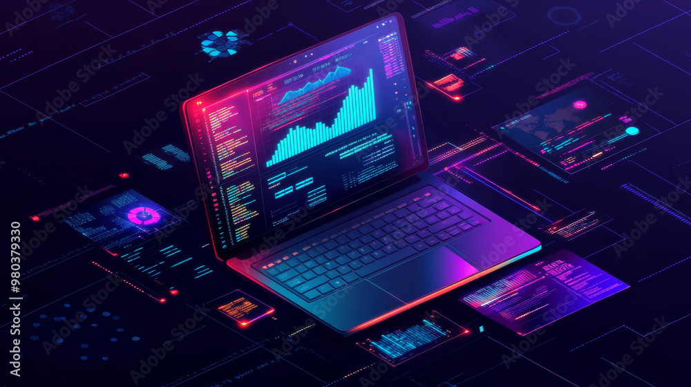 Isometric view of a laptop displaying business graphs and analytics data. Concept of trend analysis and software development coding process. Programming, testing cross-platform code. Isometric view of a laptop displaying business graphs and analytics data. Concept of trend analysis and software development coding process. Programming, testing cross-platform code.