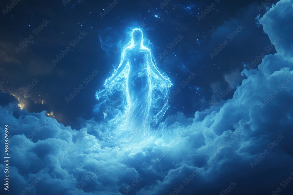 A blue sky with a glowing figure of a woman in the clouds