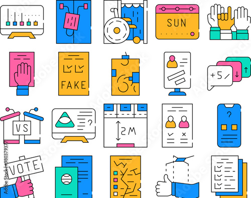 Voting And Elections Collection Icons Set Vector. Oath On Constitution And Ballot Box, Exit Polls, Disabled And Electronic Voting Booth, Concept Linear Pictograms. color Contour Illustrations