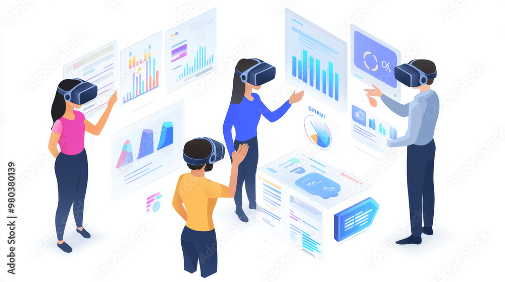 Isometric figures of men and a woman wearing VR headsets, interacting with a virtual interface. Individuals engaging with and analyzing statistics and charts. Trend analysis and financial strategy. Isometric figures of men and a woman wearing VR headsets, interacting with a virtual interface. Individuals engaging with and analyzing statistics and charts. Trend analysis and financial strategy.