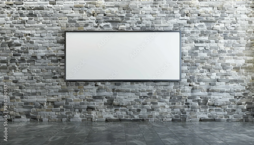 Blank billboard on brick wall background texture with shiny reflective tiled floor Blank billboard on brick wall background texture with shiny reflective tiled floor