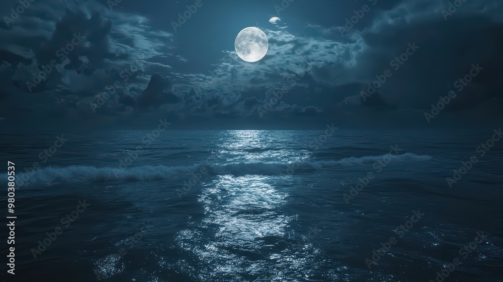 Fototapeta premium Dark Ocean Waves Wallpaper. Gentle waves of a dark ocean under a cloudy night sky.