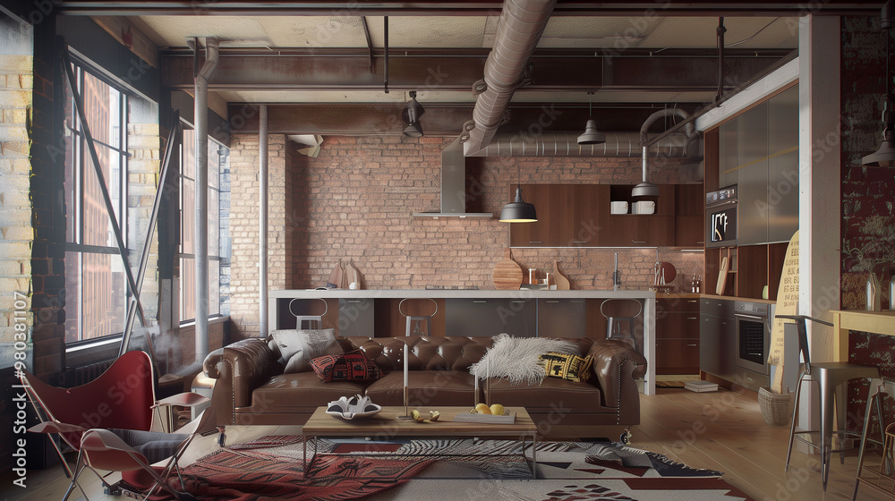 Picture of Industrial-style interiors with exposed brick, metal accents, and ...