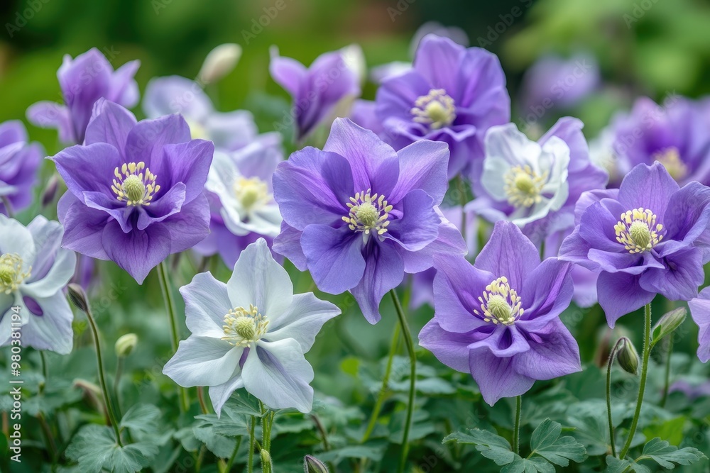 Purple and white anemones blooming in the spring garden Purple and white anemones blooming in the spring garden