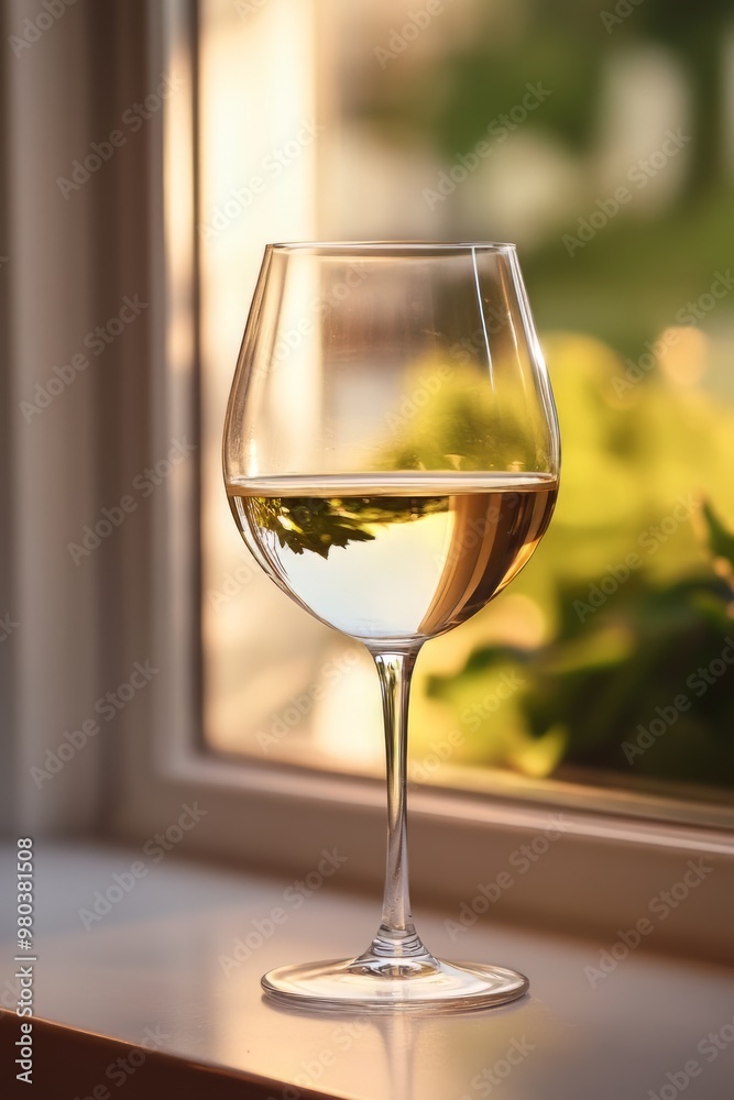 Elegant Glass of White Wine on Wooden Table by Window Elegant Glass of White Wine on Wooden Table by Window