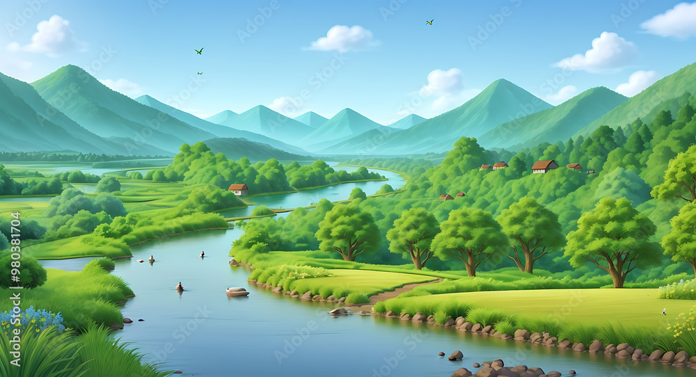Fototapeta premium A peaceful nature scene featuring a winding river through lush green forests, with birds soaring in the sky and distant mountains on the horizon, set under a clear blue sky.