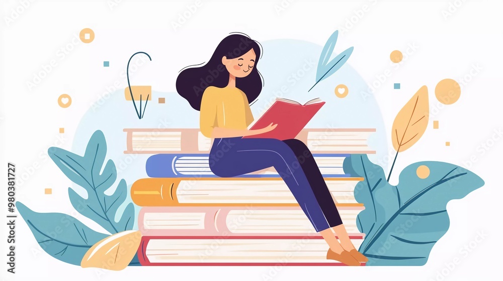 Girl sitting on a pile of books. Nice online course concept illustration