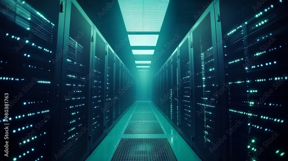 A data center or server room filled with servers for cloud storage. The dark environment is illuminated by data signal lights, representing the technology behind a computer data warehouse. A conceptua A data center or server room filled with servers for cloud storage. The dark environment is illuminated by data signal lights, representing the technology behind a computer data warehouse. A conceptua