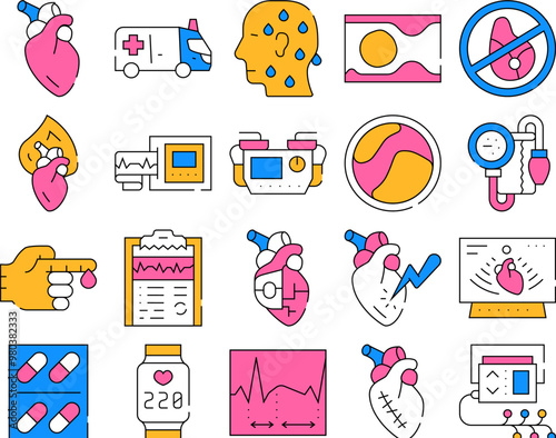 Heart Attack Disease Collection Icons Set Vector. Heart Human Organ And Rhythm, Ultrasound Medical Equipment And Ambulance Car, Concept Linear Pictograms. color Contour Illustrations