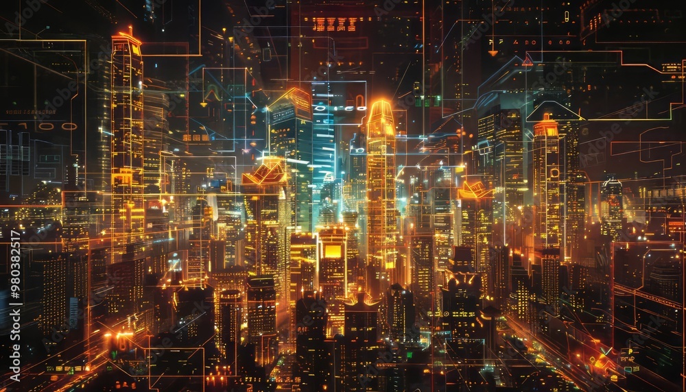 Glowing orange digital cityscape with skyscrapers and data visualization