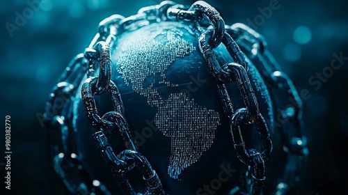 World encased in chains with digital code, representing the importance of cybersecurity and global data protection photo