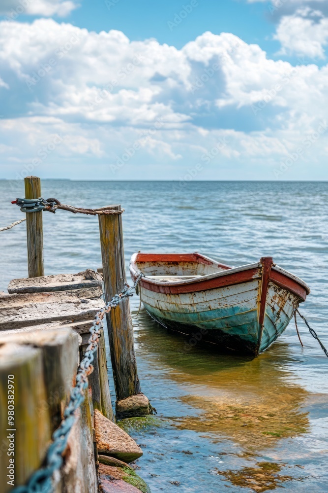 Peaceful Lakeside Dock with Weathered Wooden Boat Moored in Tranquil Waters Peaceful Lakeside Dock with Weathered Wooden Boat Moored in Tranquil Waters