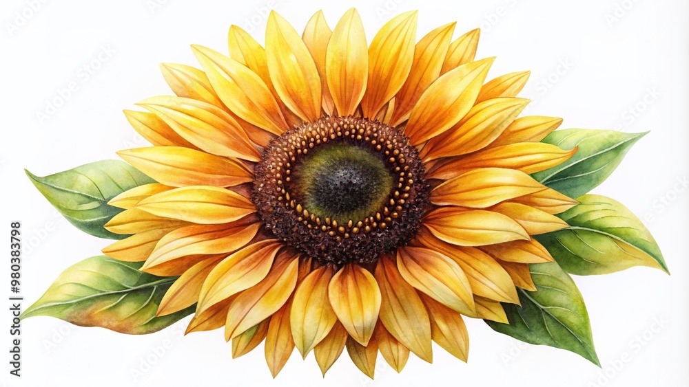 Fototapeta premium Vibrant watercolor illustration of a bright yellow sunflower with delicate petals and dark center on a transparent background, perfect for design and art projects.