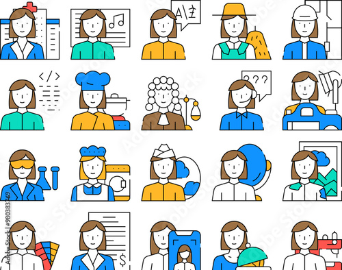 Female Occupation Collection Icons Set Vector. Doctor And Musician, Interpreter And Farmer, Architect And Judge Woman Occupation color Contour Illustrations