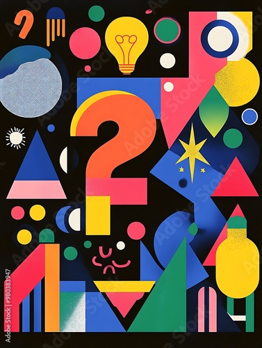 Poster of colourful geometric shapes, planet, question mark, ufo, brain, lightbulb, rugby ball and floral patterns against a contrasting geometric backdrop