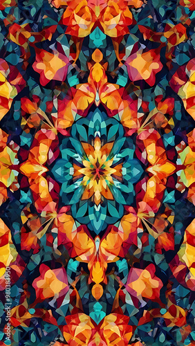 A symmetrical kaleidoscope pattern in bright, vibrant colors, with geometric shapes forming a captivating design, perfect for a visually striking mobile wallpaper