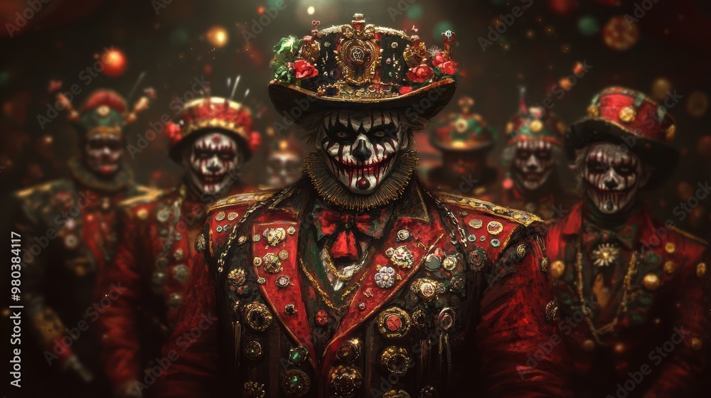 A group of intricately costumed clowns with detailed face paint stand in a dimly lit, vintage masquerade setting, creating an eerie and mysterious ambiance. A group of intricately costumed clowns with detailed face paint stand in a dimly lit, vintage masquerade setting, creating an eerie and mysterious ambiance.
