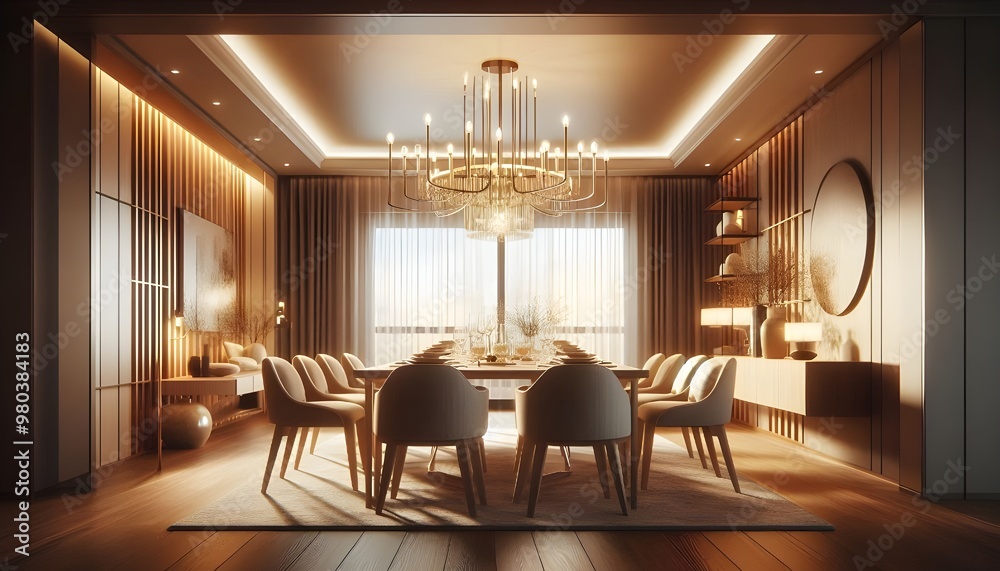 Fototapeta premium Modern dining room featuring wood accents and elegant lighting. Home design concept. 3D Rendering