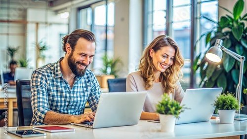 Young Professionals Working Together in Modern Office with Laptops and Greenery