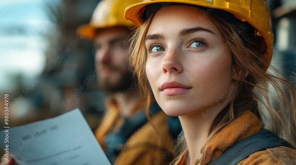 Female Construction Worker in Yellow Hard Hat Looking Up Female Construction Worker in Yellow Hard Hat Looking Up